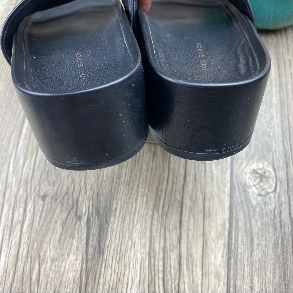 Tory Burch Black Leather Slide Sandals with Gold Medallions - Picture 8 of 12